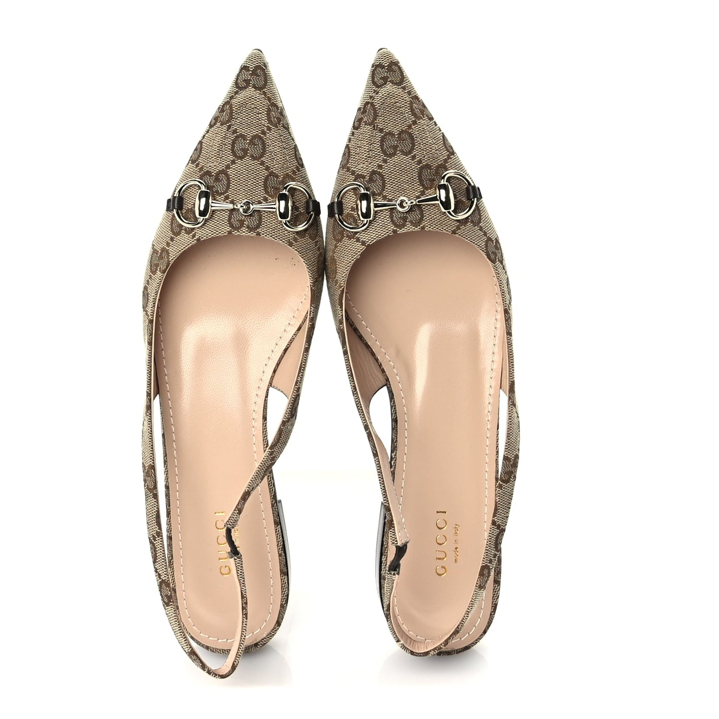 Gucci Monogram Horsebit Womens Slingback Ballet Flat 39  Beige Ebony Cocoa