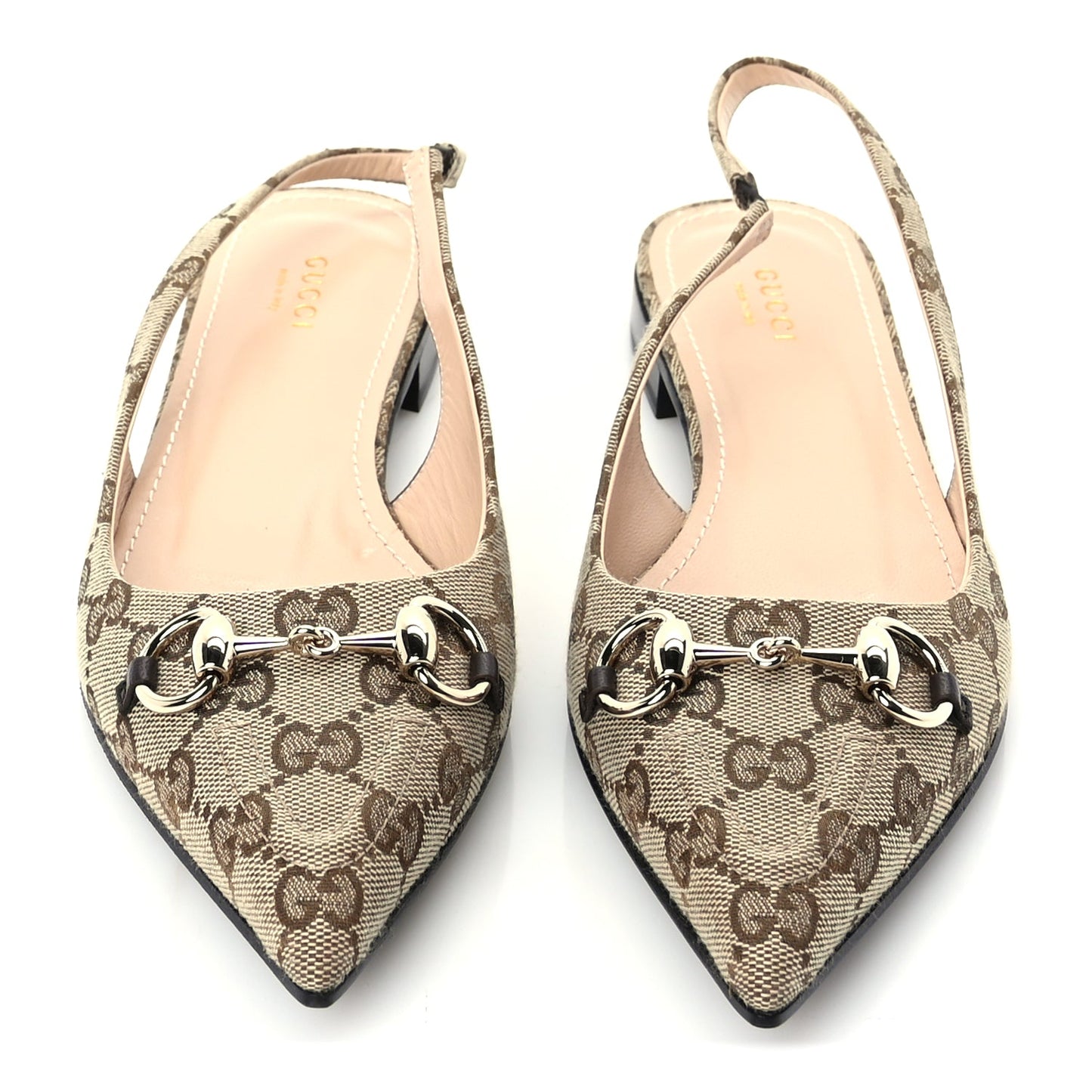 Gucci Monogram Horsebit Womens Slingback Ballet Flat 39  Beige Ebony Cocoa