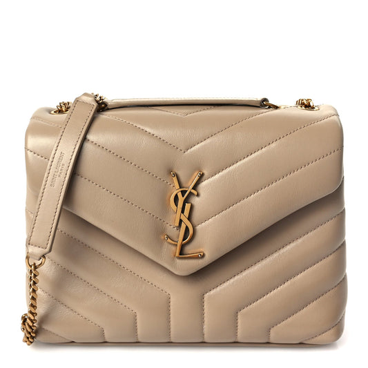 Saint Laurent Calfskin Y Quilted Monogram Small Loulou Chain Satchel Dark Beige