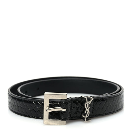 Saint Laurent Calfskin Crocodile Embossed Monogram Square Buckle Belt 75 30 Black