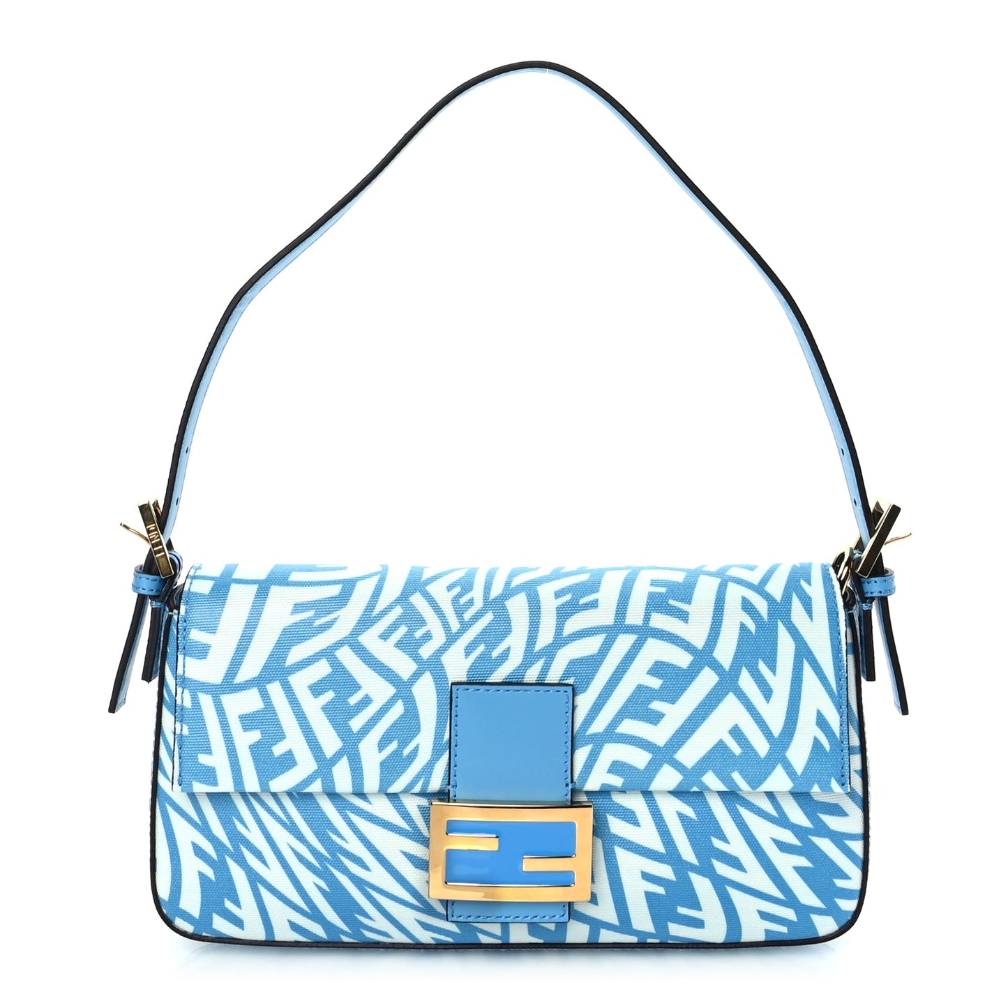 Fendi X SARAH COLEMAN Glazed Canvas Vitello King FF Vertigo Baguette 1997  Cyber Blue White
