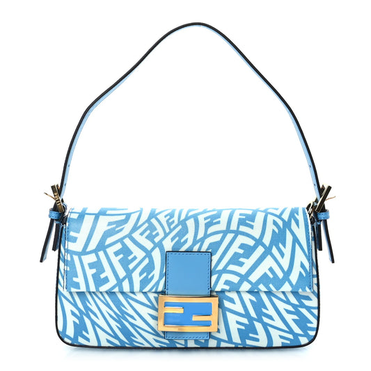 Fendi X SARAH COLEMAN Glazed Canvas Vitello King FF Vertigo Baguette 1997  Cyber Blue White