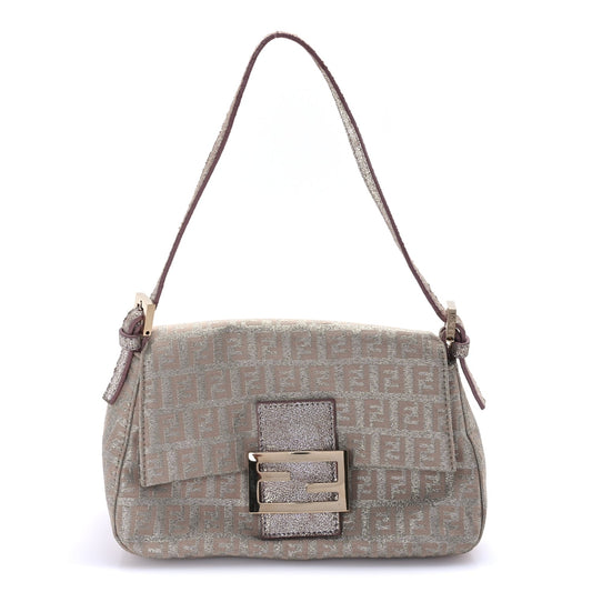 Fendi Metallic Jacquard Zucchino Suede Mini Mama Baguette  Cipria Argento Grigio
