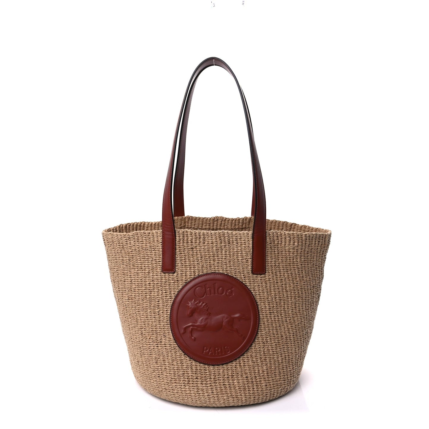Chloe Raffia Calfskin Horse Medal Large Basket Tote  Sepia Brown