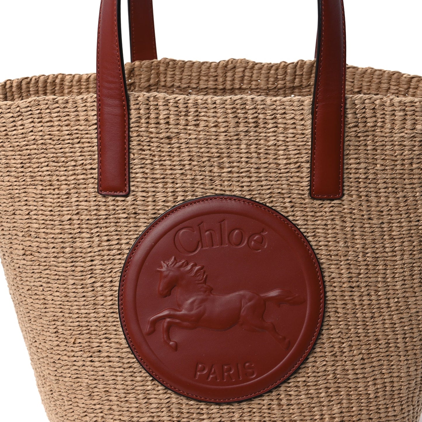 Chloe Raffia Calfskin Horse Medal Large Basket Tote  Sepia Brown