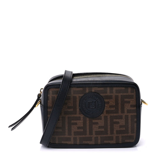 Fendi Glazed Fabric Vitello Century FF 1974 Stamp Patch Mini Camera Case Mogano Panna Black