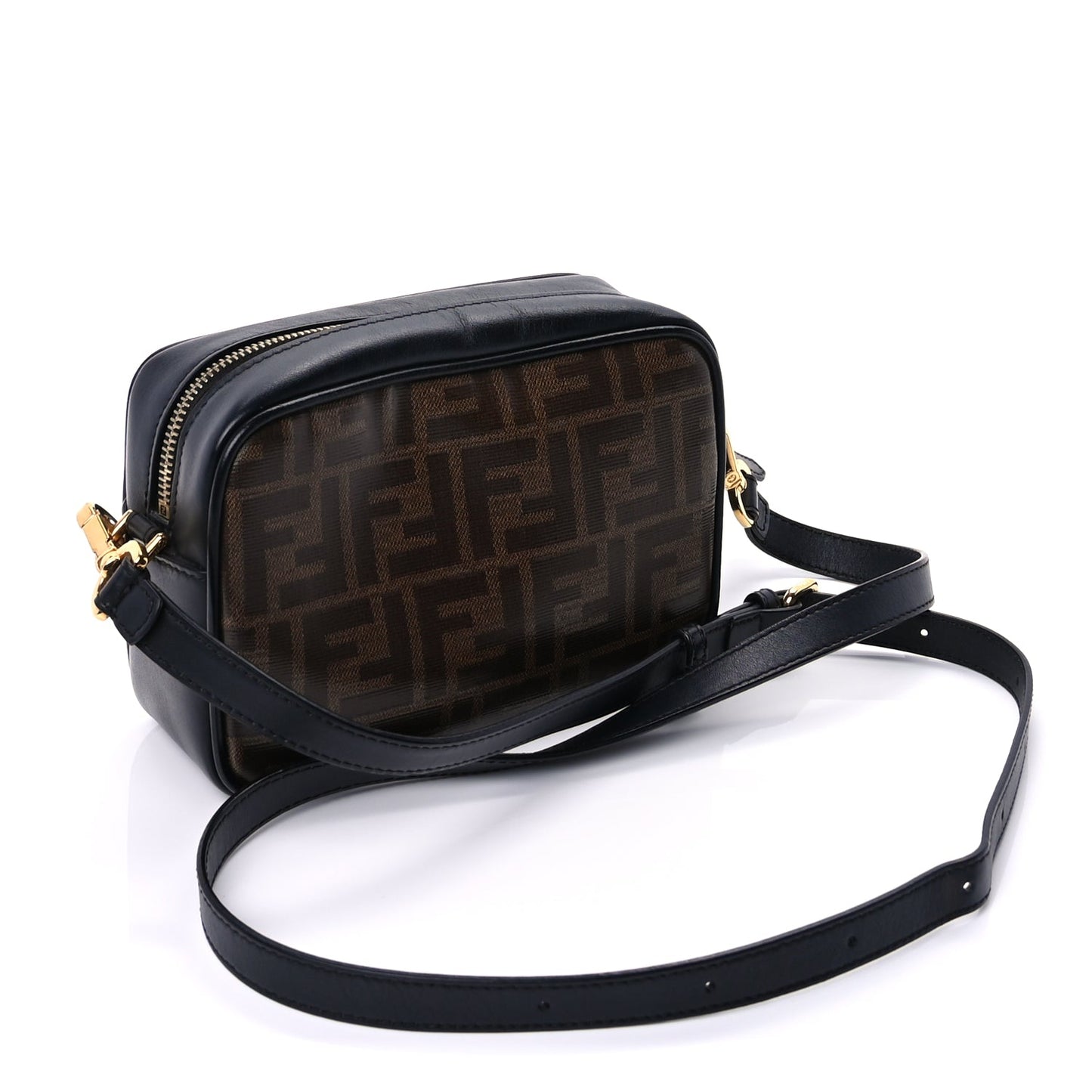 Fendi Glazed Fabric Vitello Century FF 1974 Stamp Patch Mini Camera Case Mogano Panna Black