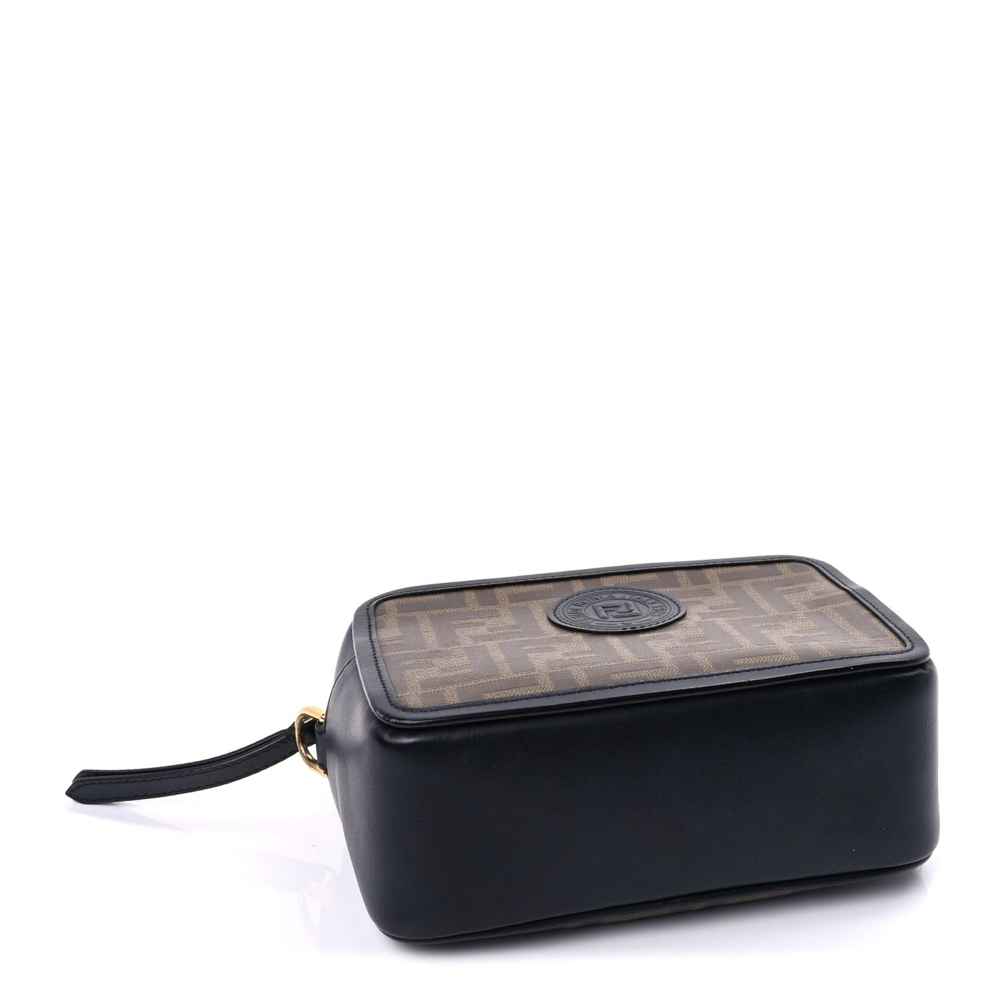 Fendi Glazed Fabric Vitello Century FF 1974 Stamp Patch Mini Camera Case Mogano Panna Black