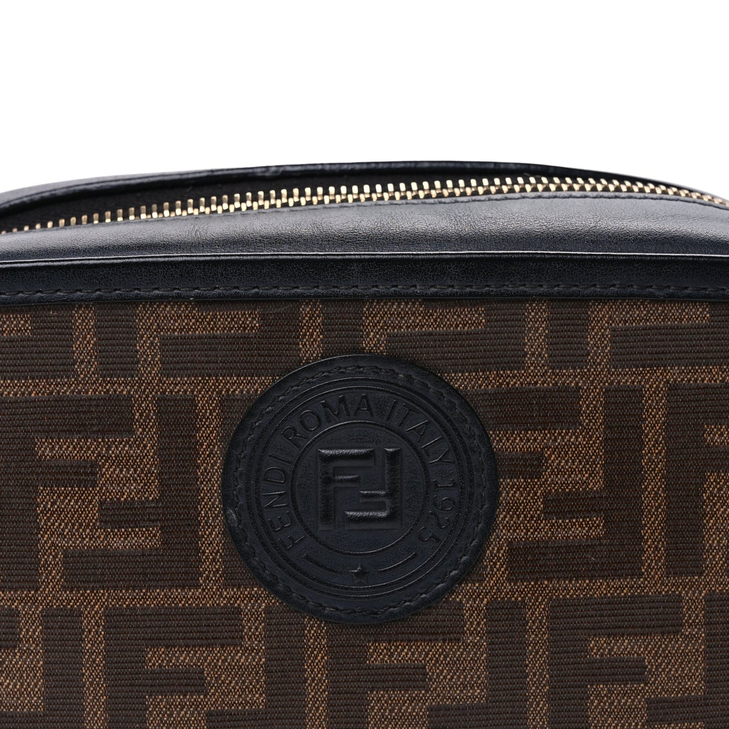 Fendi Glazed Fabric Vitello Century FF 1974 Stamp Patch Mini Camera Case Mogano Panna Black