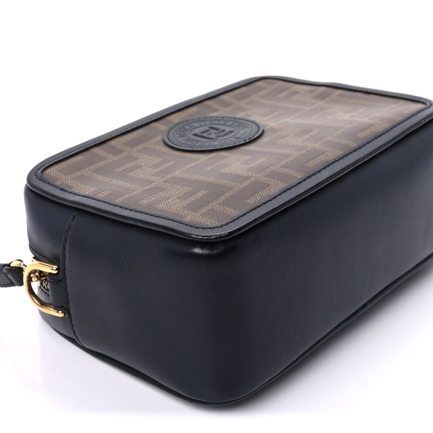 Fendi Glazed Fabric Vitello Century FF 1974 Stamp Patch Mini Camera Case Mogano Panna Black