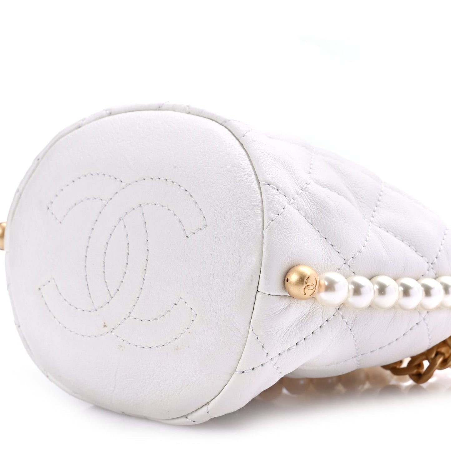 Chanel Calfskin Quilted Pearl Mini About Pearls Drawstring Bucket Bag White