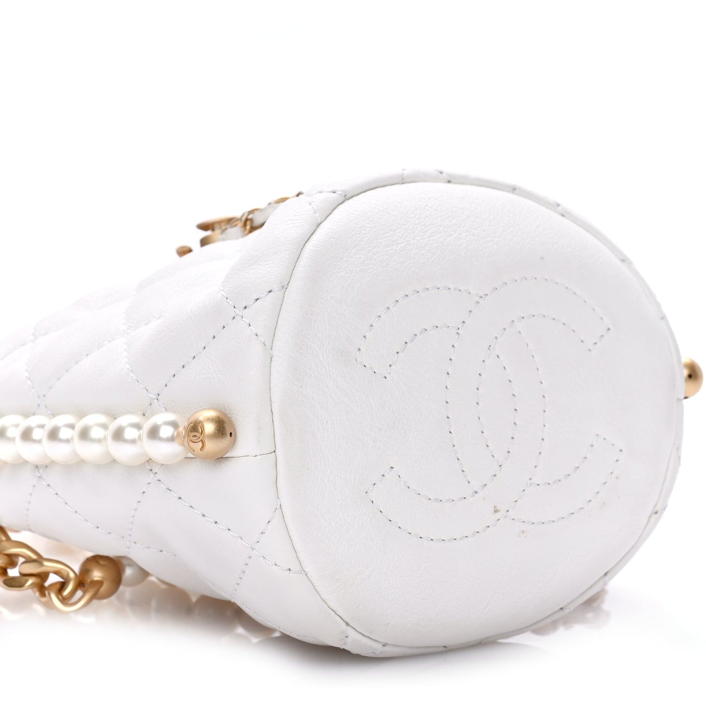 Chanel Calfskin Quilted Pearl Mini About Pearls Drawstring Bucket Bag White