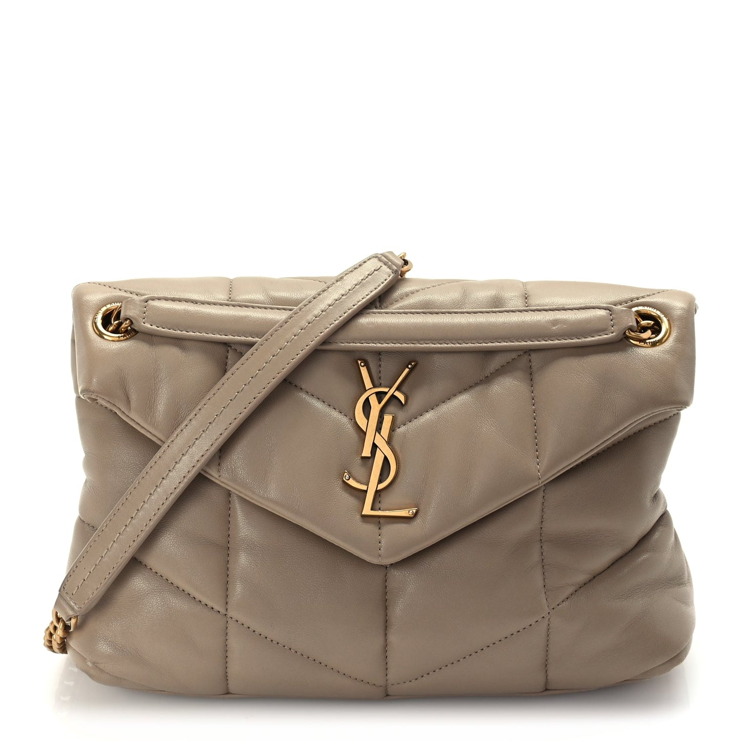 Saint Laurent Lambskin Quilted Small Loulou Puffer Monogram Chain Satchel Dark Beige Dark Beige