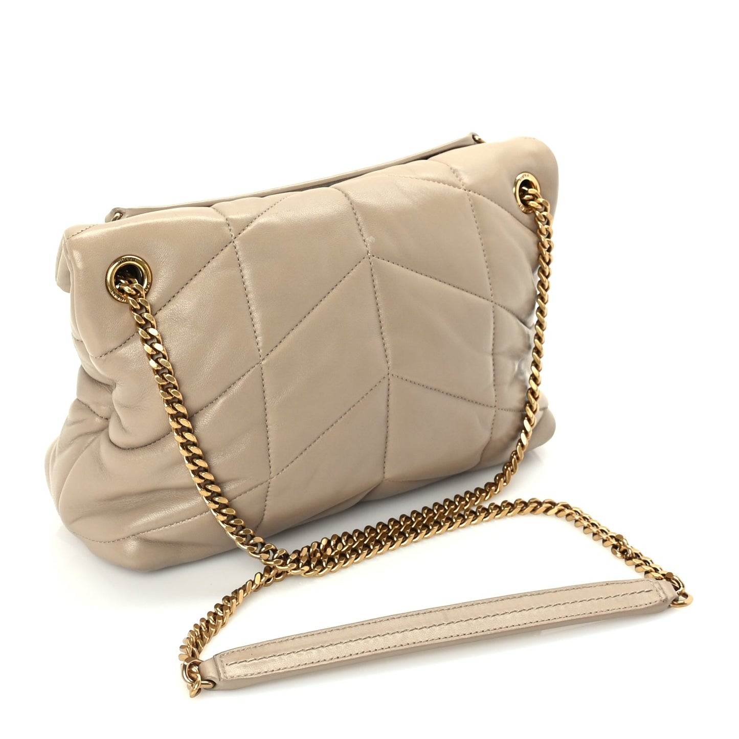 Saint Laurent Lambskin Quilted Small Loulou Puffer Monogram Chain Satchel Dark Beige Dark Beige