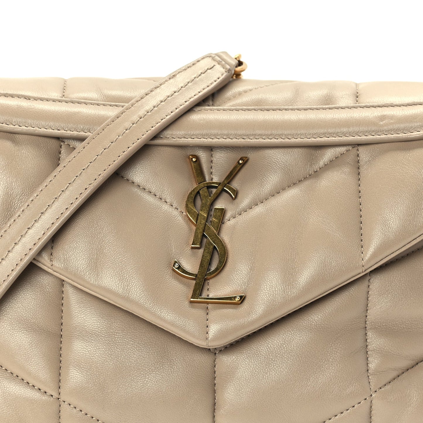 Saint Laurent Lambskin Quilted Small Loulou Puffer Monogram Chain Satchel Dark Beige Dark Beige
