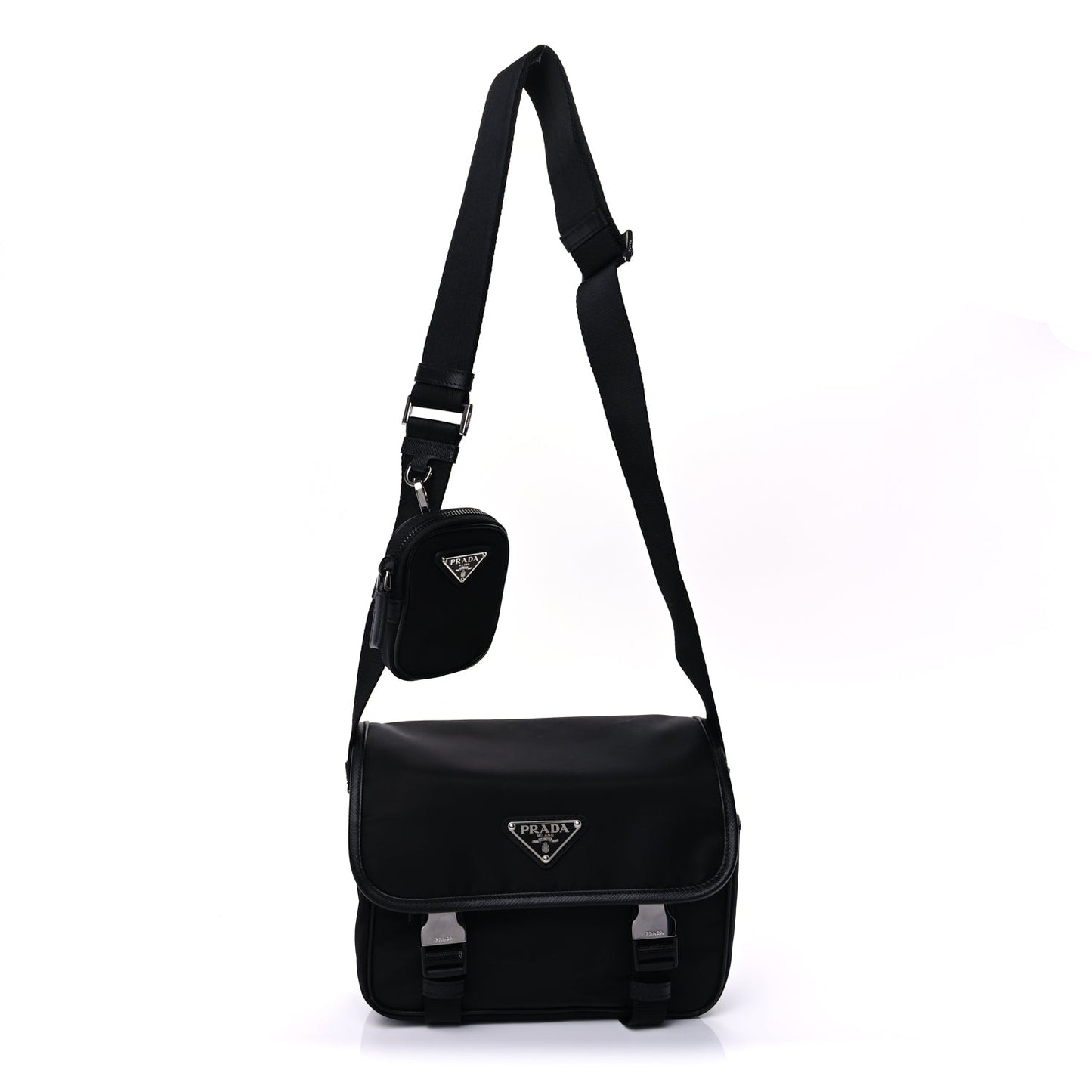 Prada Re-Nylon Saffiano Pocket Double Snap Buckle Shoulder Bag Black