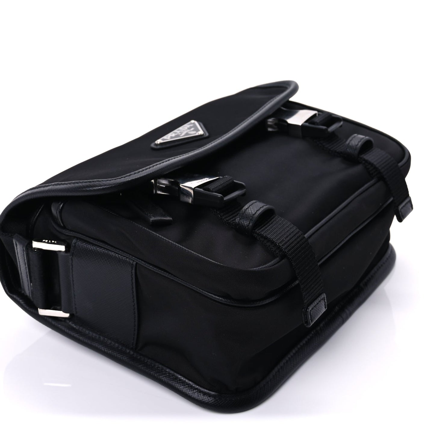 Prada Re-Nylon Saffiano Pocket Double Snap Buckle Shoulder Bag Black