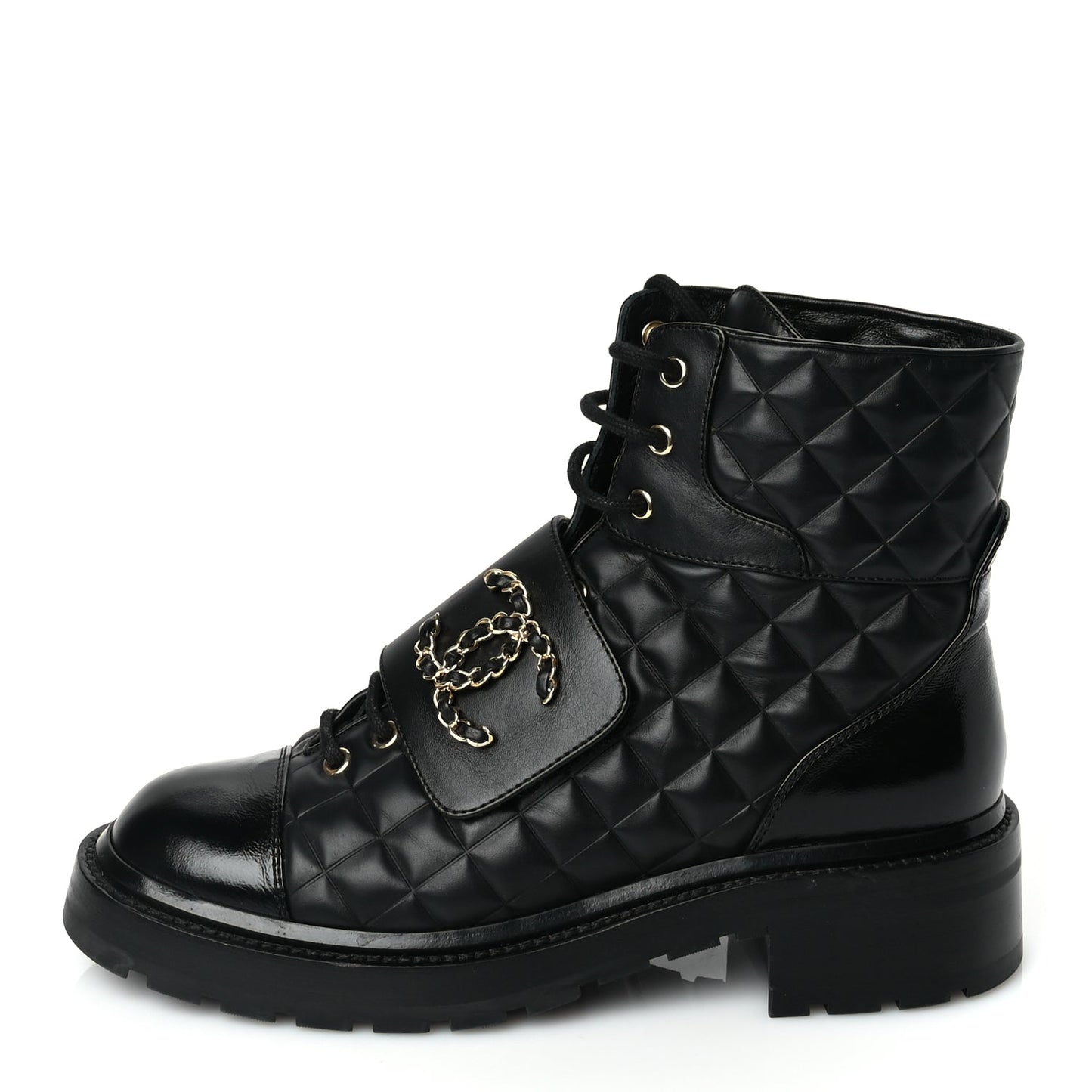 Chanel Shiny Calfskin Quilted Lace Up Combat Boots 39 Black
