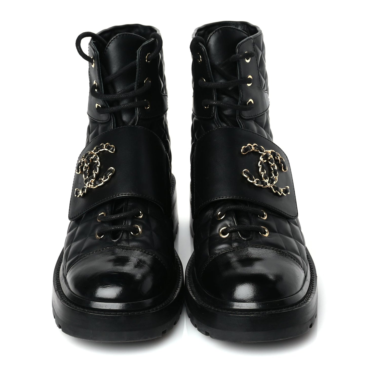Chanel Shiny Calfskin Quilted Lace Up Combat Boots 39 Black