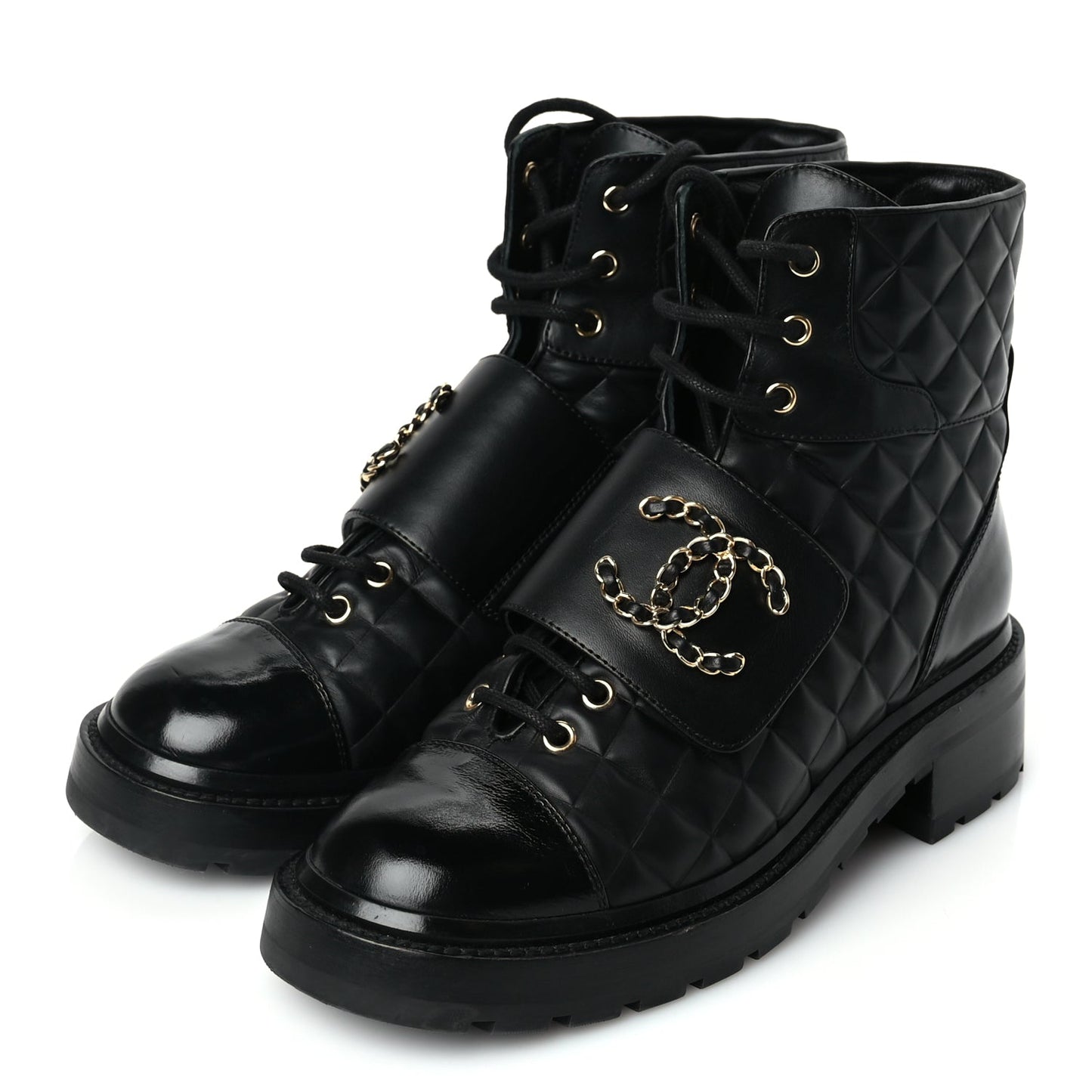 Chanel Shiny Calfskin Quilted Lace Up Combat Boots 39 Black
