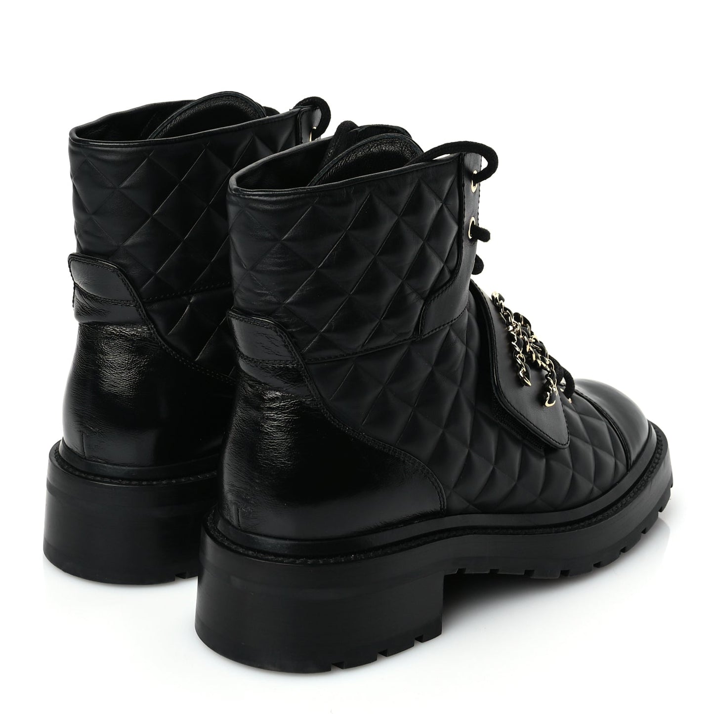 Chanel Shiny Calfskin Quilted Lace Up Combat Boots 39 Black