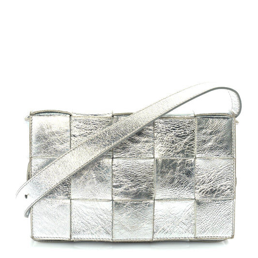 Bottega Veneta Metallic Lambskin Maxi Intrecciato Cassette Crossbody Bag  Silver