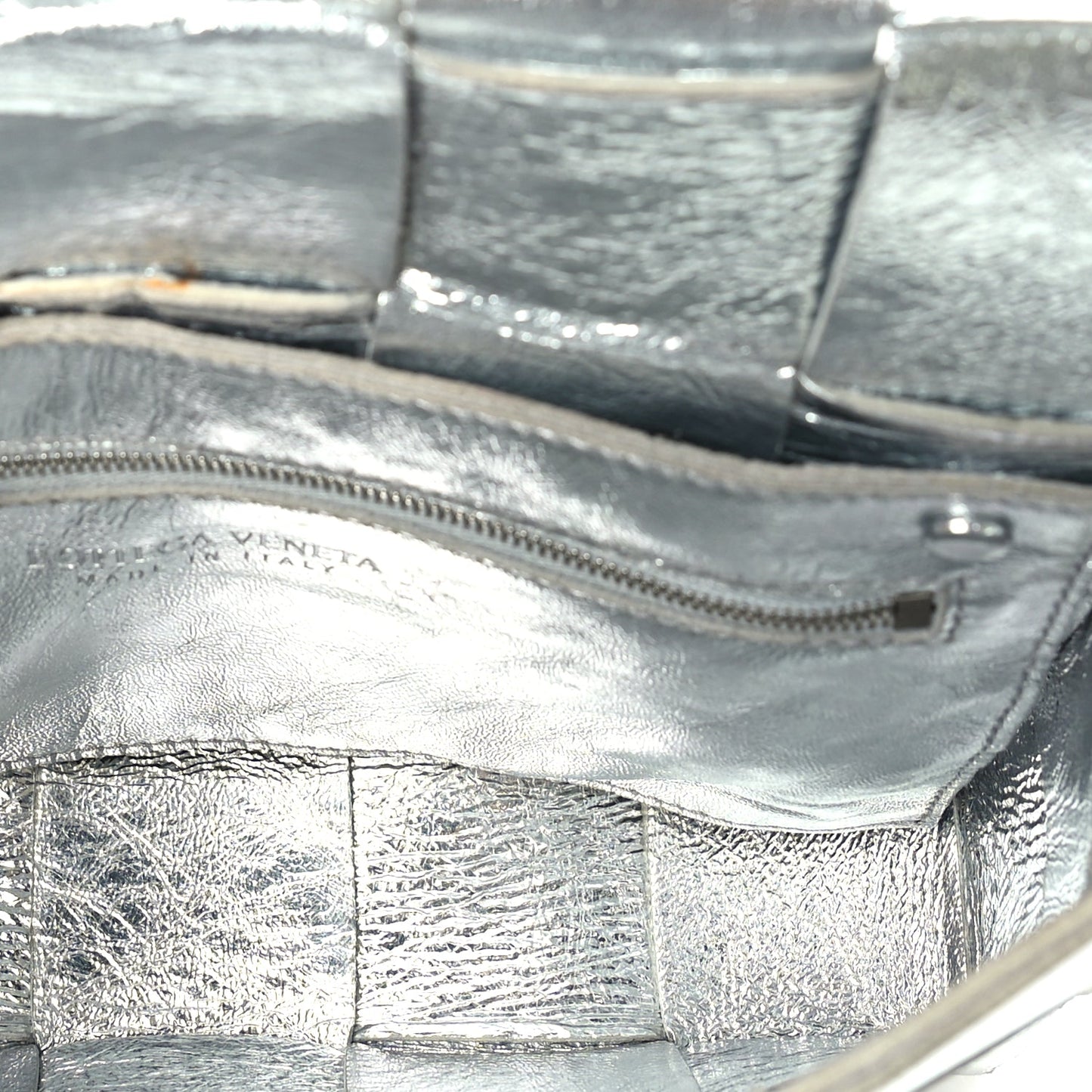 Bottega Veneta Metallic Lambskin Maxi Intrecciato Cassette Crossbody Bag  Silver