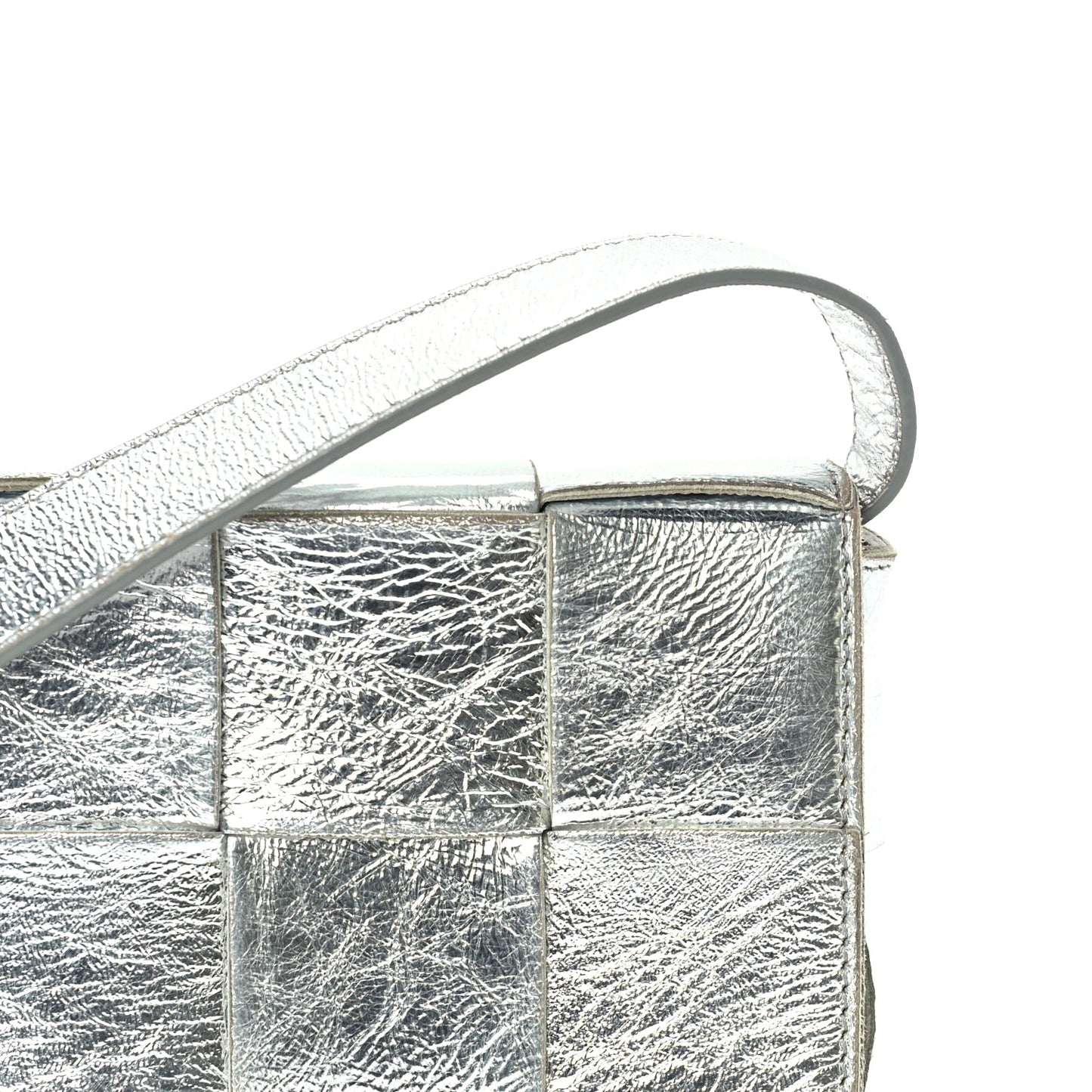 Bottega Veneta Metallic Lambskin Maxi Intrecciato Cassette Crossbody Bag  Silver