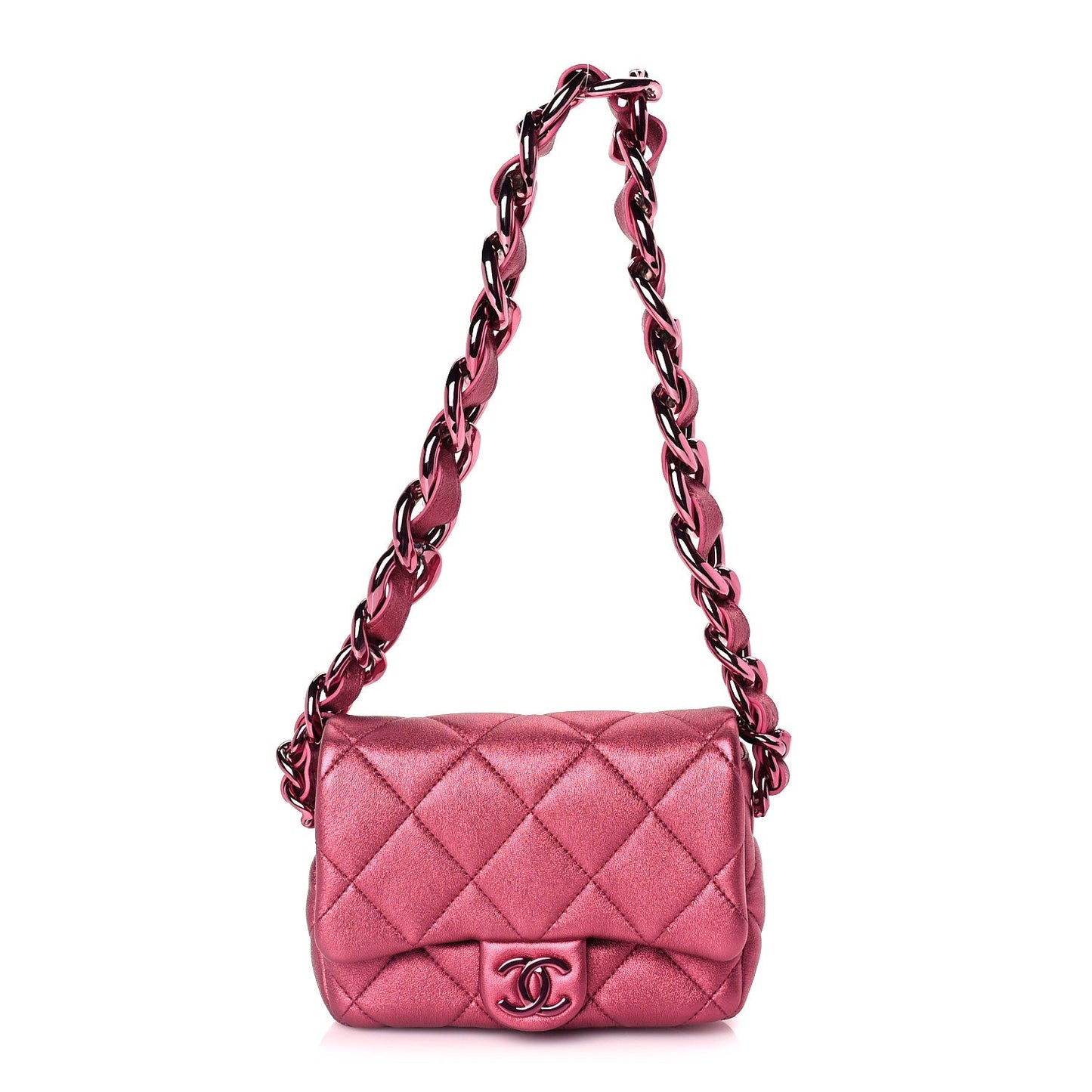 Chanel Metallic Lambskin Quilted Mini Lacquered Chain Flap  Pink