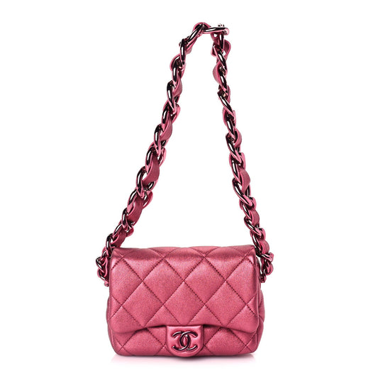 Chanel Metallic Lambskin Quilted Mini Lacquered Chain Flap  Pink