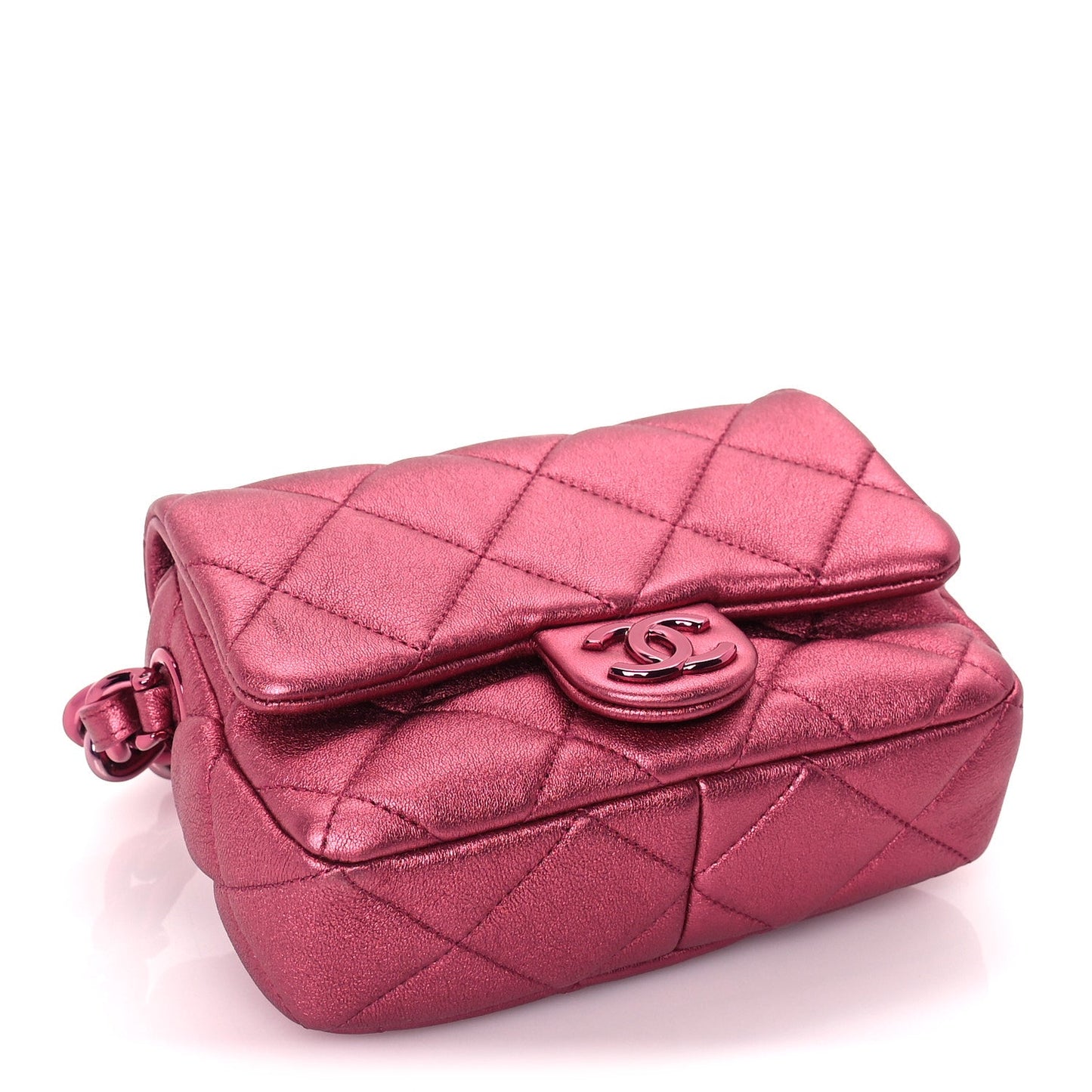 Chanel Metallic Lambskin Quilted Mini Lacquered Chain Flap  Pink