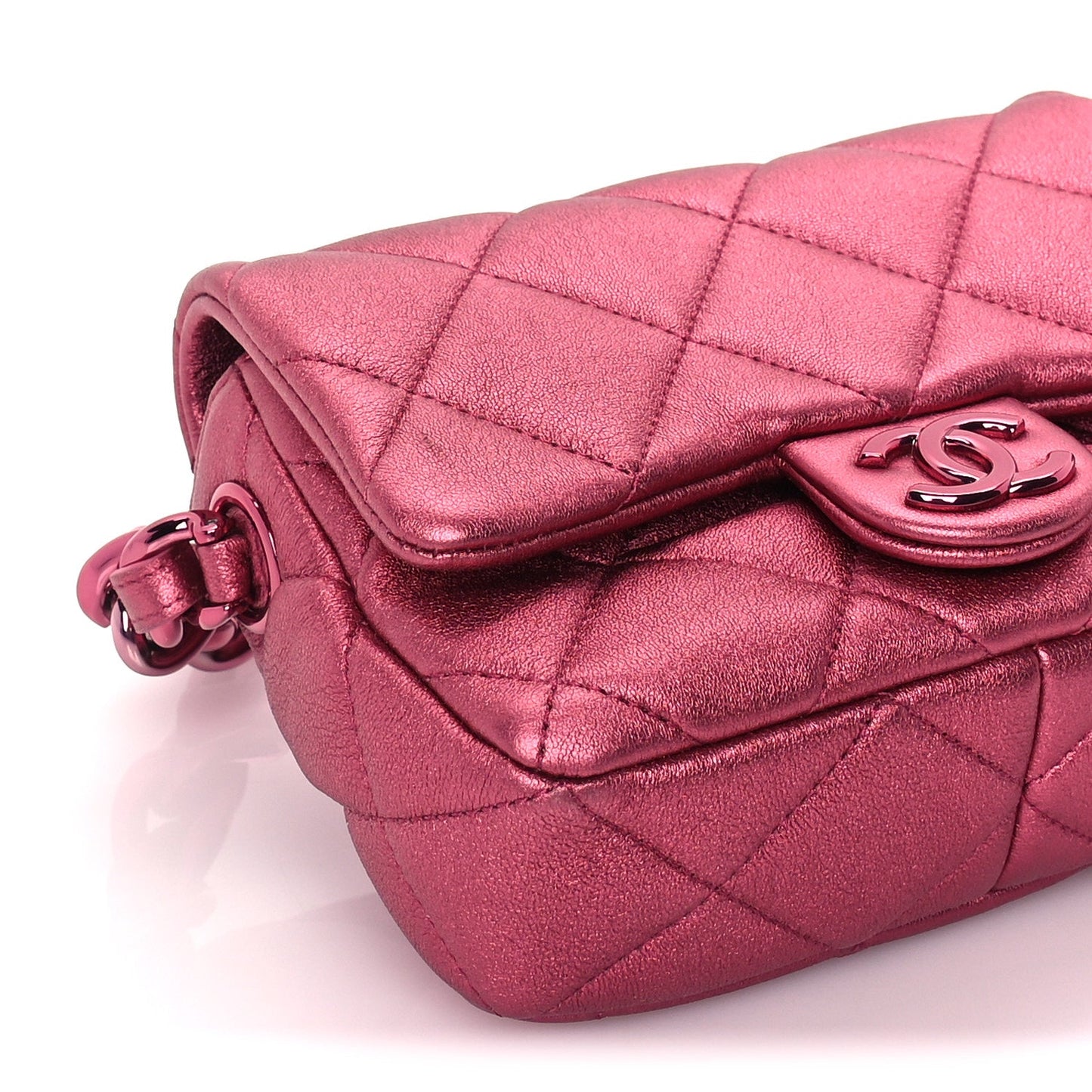 Chanel Metallic Lambskin Quilted Mini Lacquered Chain Flap  Pink