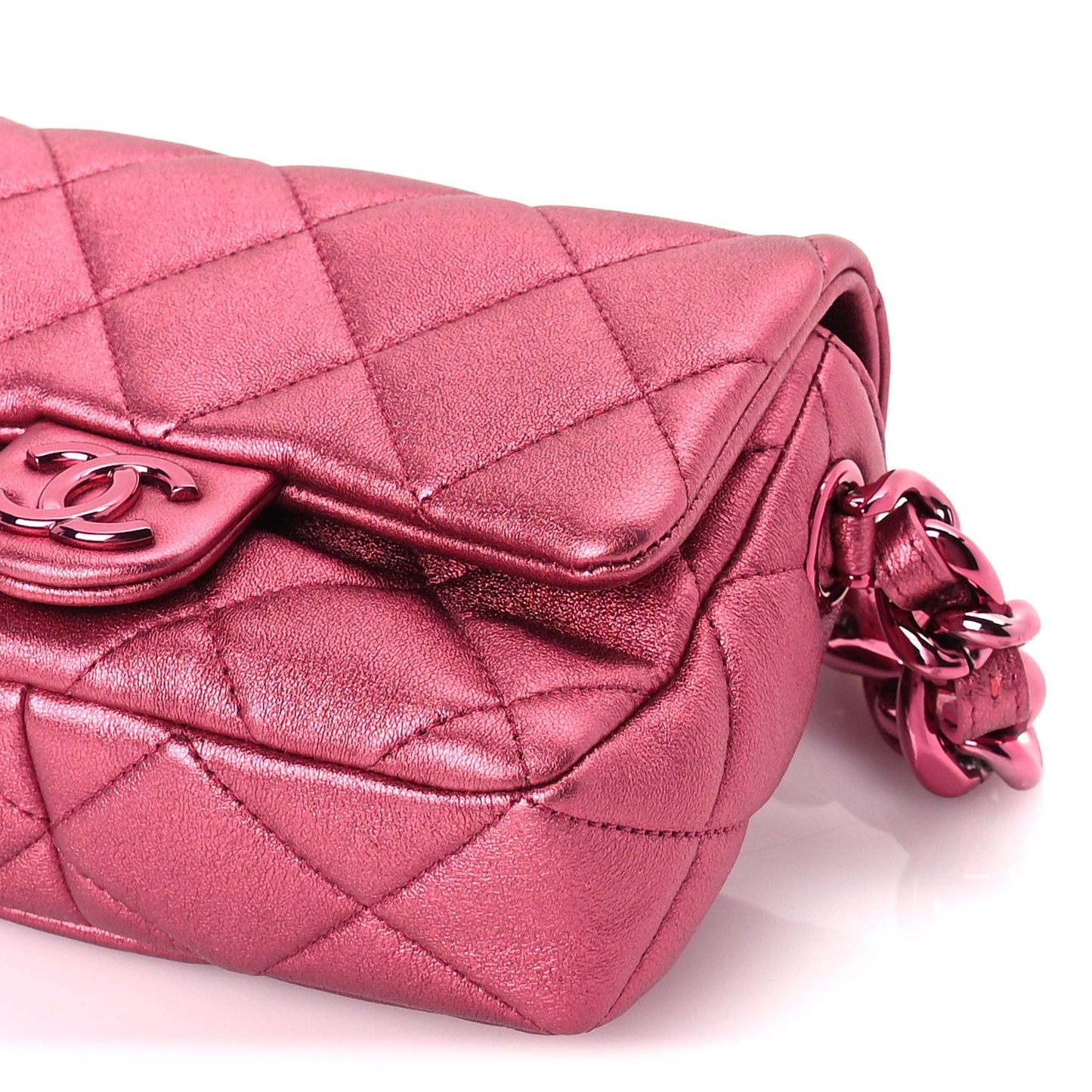 Chanel Metallic Lambskin Quilted Mini Lacquered Chain Flap  Pink