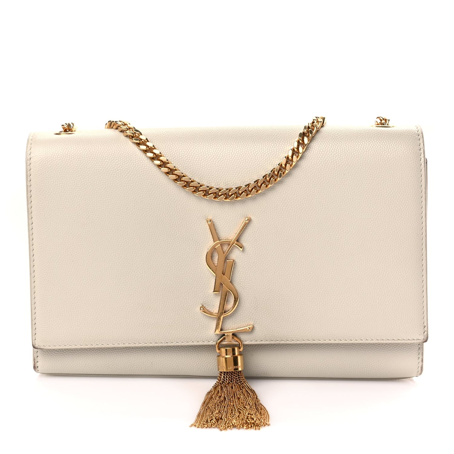 Saint Laurent Grain De Poudre Calfskin Medium Classic Monogram Kate Tassel Satchel Crema Soft