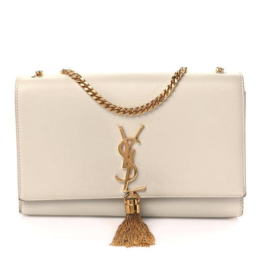 Saint Laurent Grain De Poudre Calfskin Medium Classic Monogram Kate Tassel Satchel Crema Soft