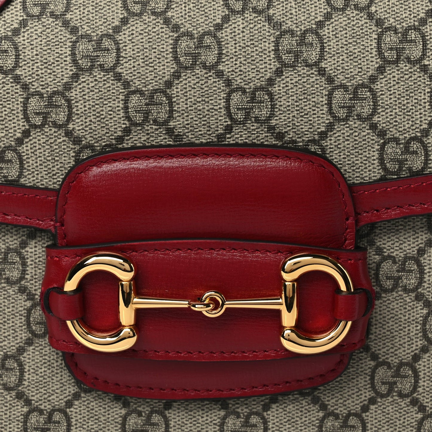 Gucci GG Supreme Monogram Azalea Calfskin Horsebit 1955 Shoulder Bag Beige Ebony New Cherry Red