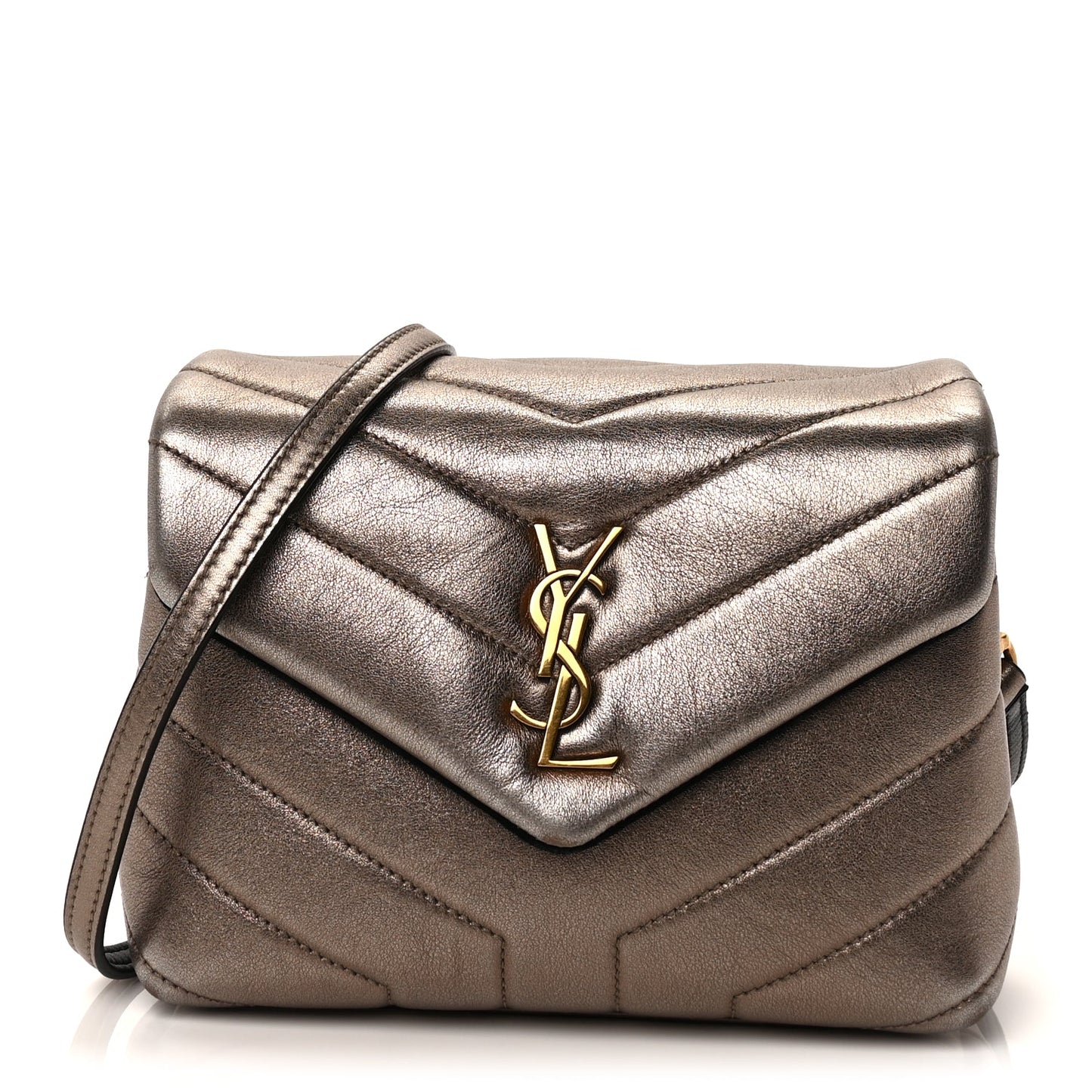 Saint Laurent Metallic Calfskin Y Quilted Monogram Toy Loulou Crossbody Bag Piombo