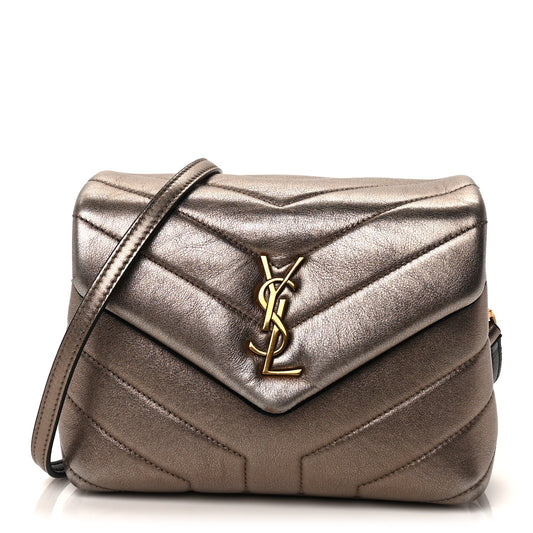 Saint Laurent Metallic Calfskin Y Quilted Monogram Toy Loulou Crossbody Bag Piombo