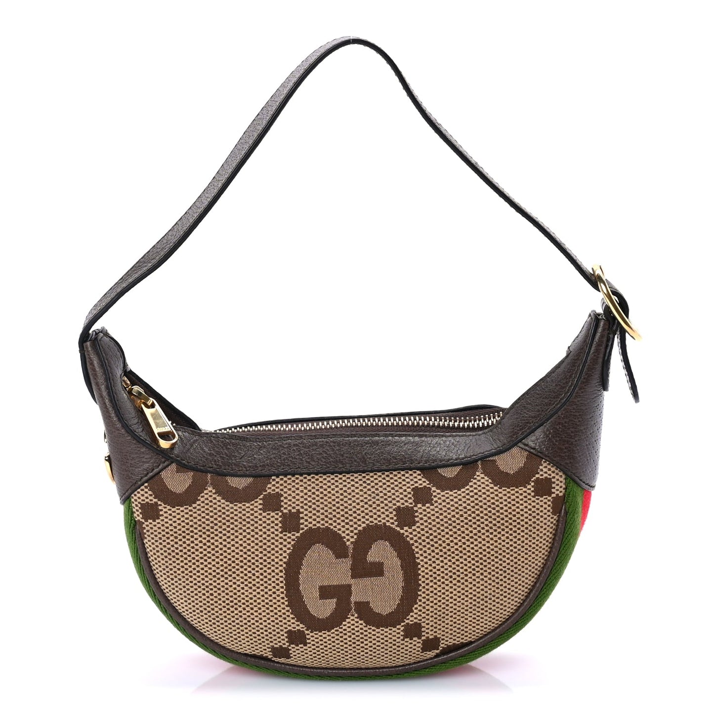 Gucci Monogram Jumbo GG Textured Dollar Calfskin Web Mini Ophidia Half Moon Hobo Camel Ebony New Acero