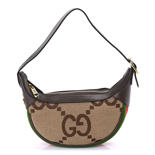 Gucci Monogram Jumbo GG Textured Dollar Calfskin Web Mini Ophidia Half Moon Hobo Camel Ebony New Acero