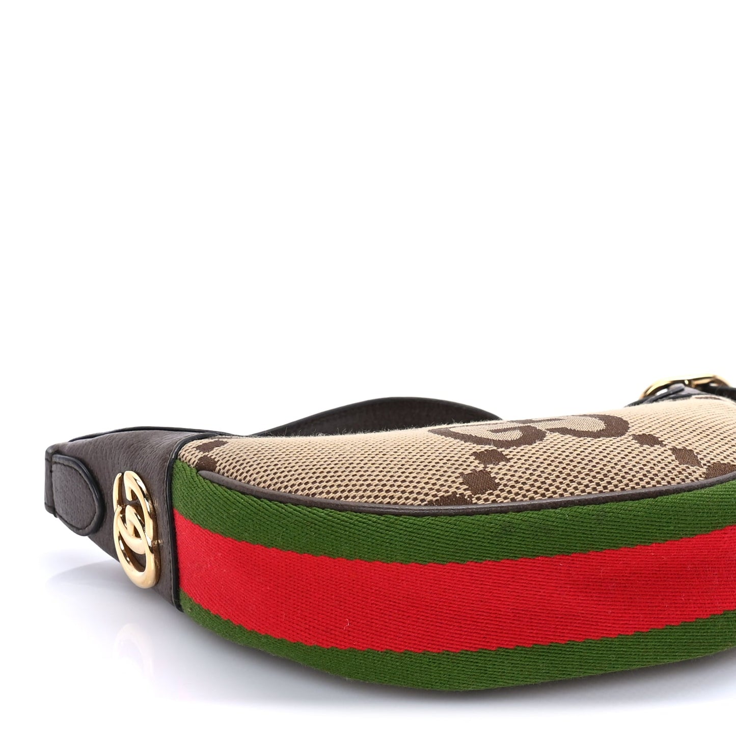 Gucci Monogram Jumbo GG Textured Dollar Calfskin Web Mini Ophidia Half Moon Hobo Camel Ebony New Acero