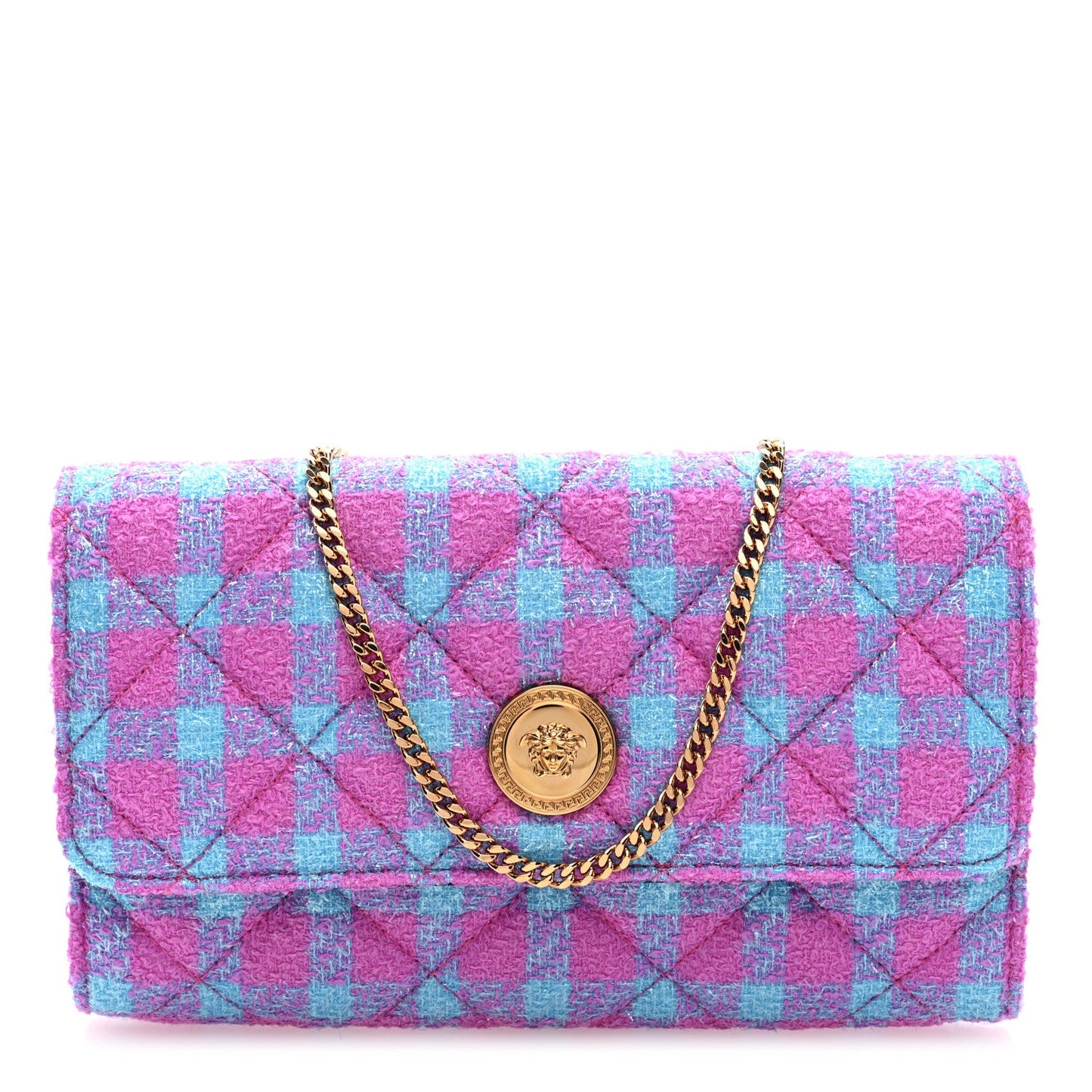 Versace Tweed Quilted Medusa Wallet on Chain Crossbody Pink Blue