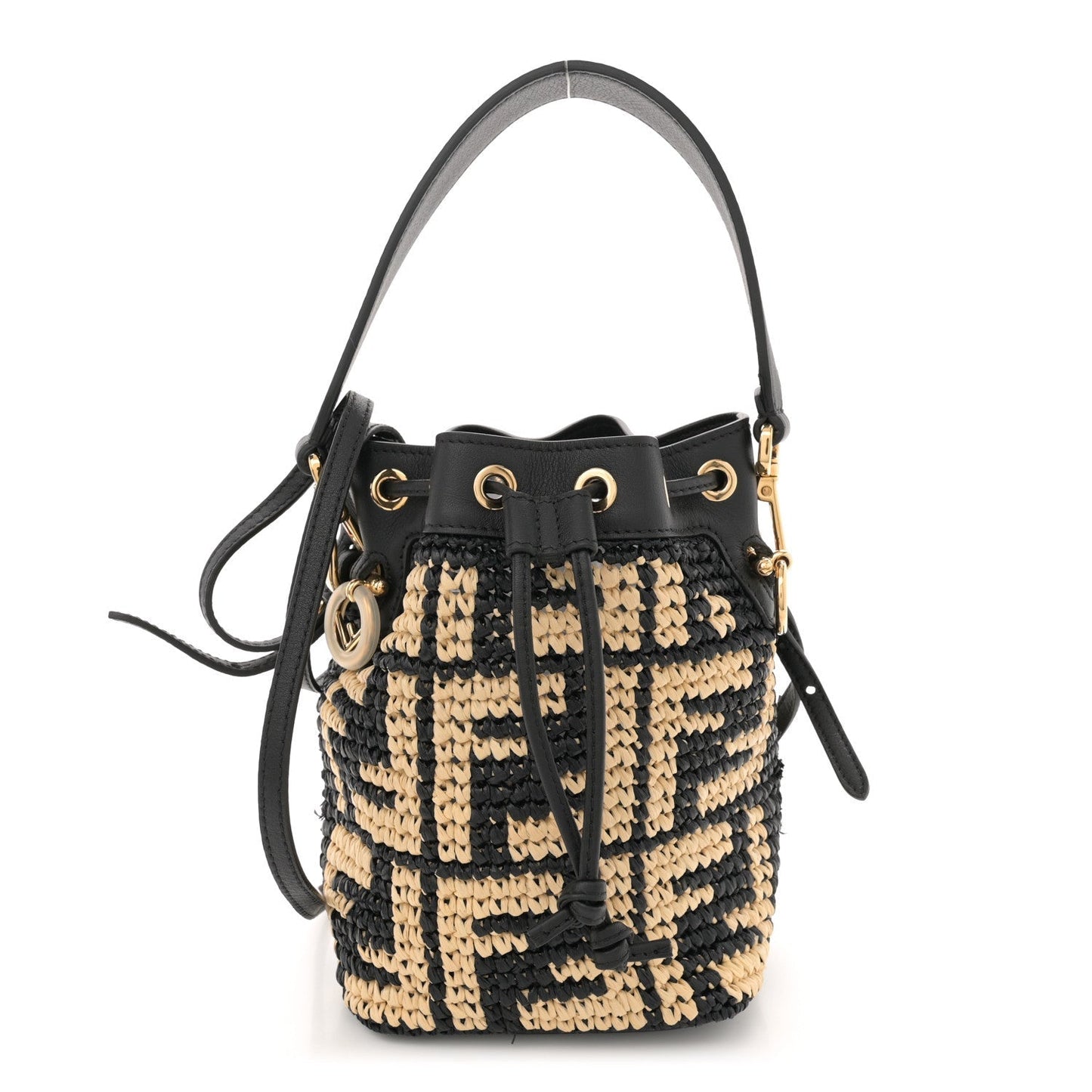 Fendi Raffia Vitello Seta F is FF Woven Mini Mon Tresor Bucket Bag Black Natural