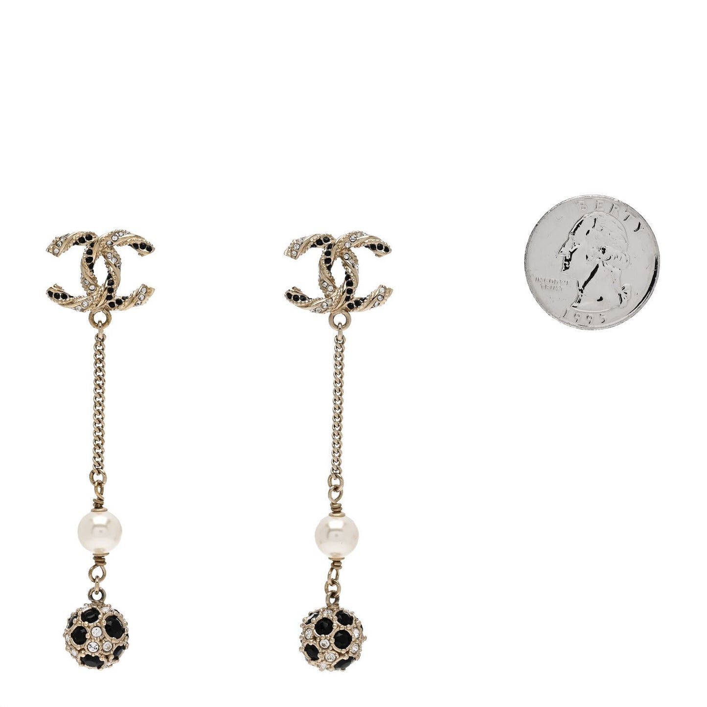 Chanel Crystal Pearl CC Ball Chain Drop Earrings Gold Black