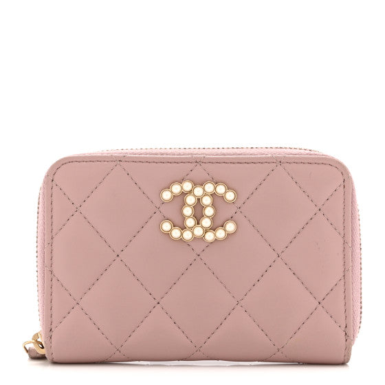 Chanel Lambskin Quilted Pearl CC Zip Around Coin Purse Wallet Pink