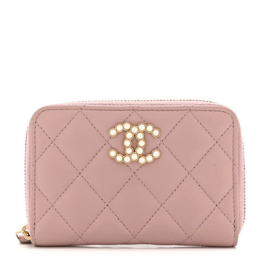 Chanel Lambskin Quilted Pearl CC Zip Around Coin Purse Wallet Pink