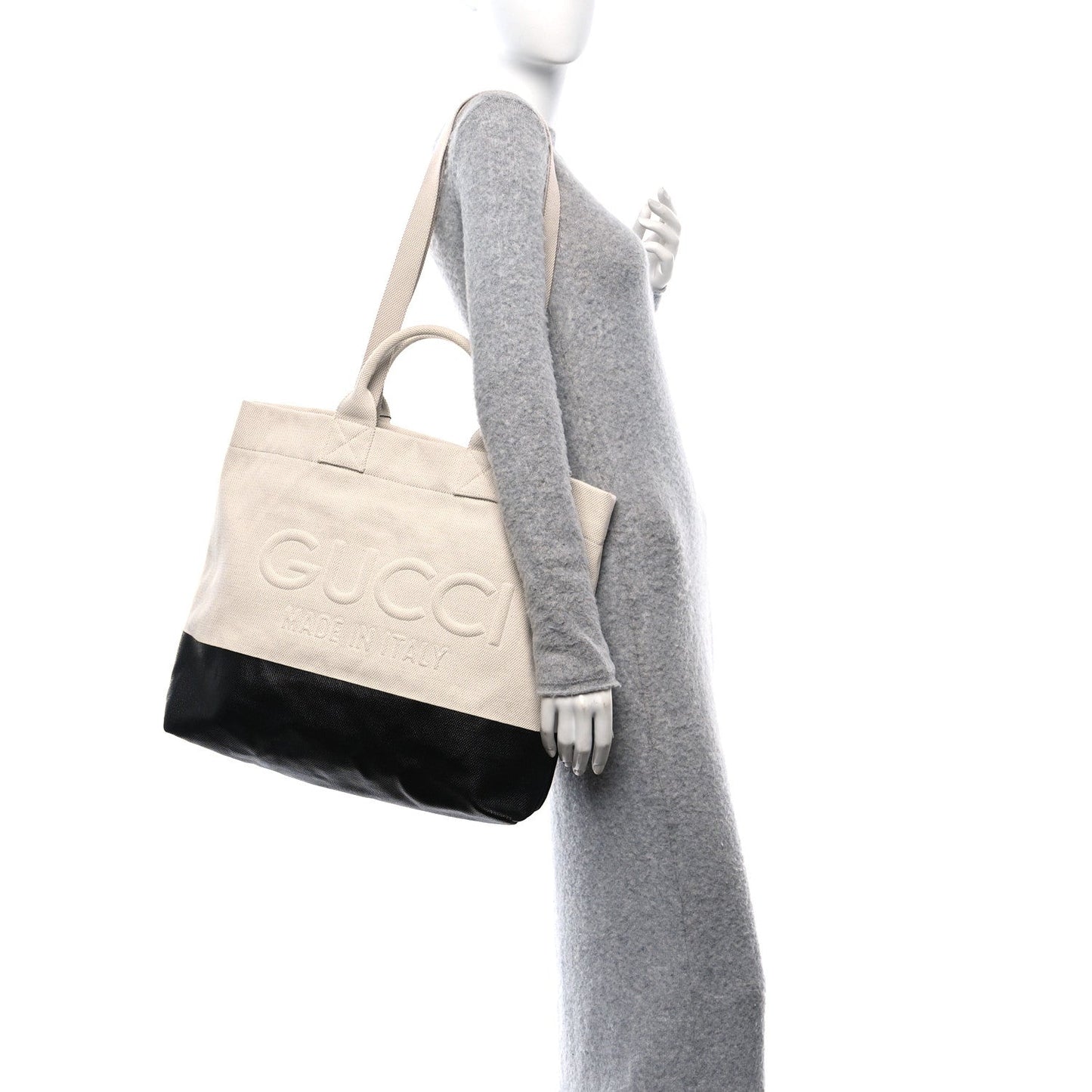 Gucci Canvas Logo Embossed Black Tote Beige