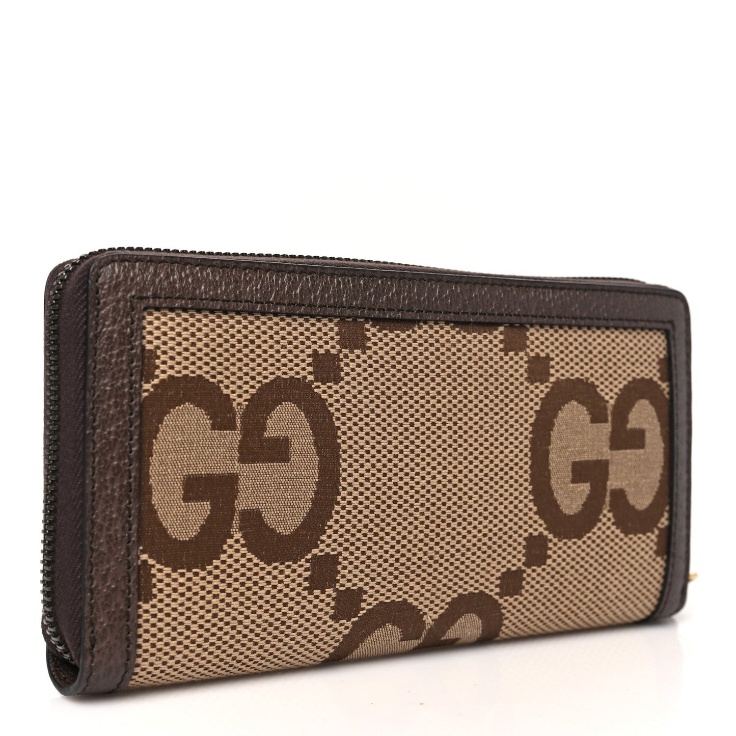 Gucci Monogram Jumbo GG Textured Dollar Calfskin Diana Zip Around Continental Wallet Camel Ebony New Acero