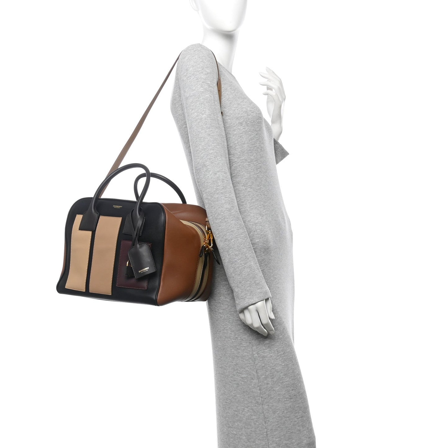 Burberry Smooth Calfskin Paneled Medium Cube Bowling Bag Black
