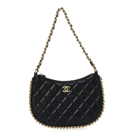 Chanel Shiny Crumpled Lambskin Quilted Trendy Chain Around Hobo Black